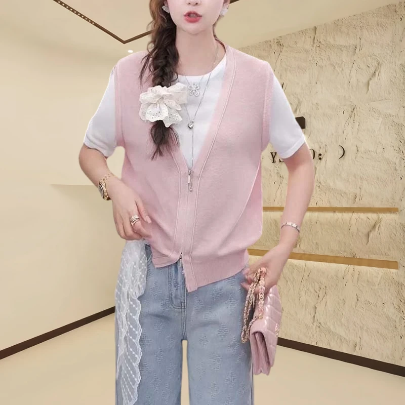 高档时髦假两件针织衫女2025夏季新款洋气时尚款宽松遮肉开衫毛衣