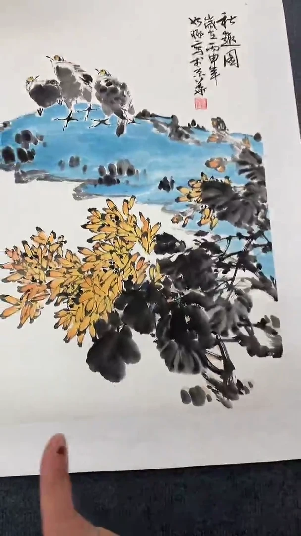 竖款精品开三花鸟，秋趣