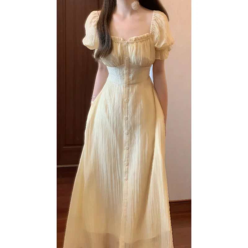 法式温柔浪漫显白方领连衣裙泡泡袖收腰优雅气质长裙9620