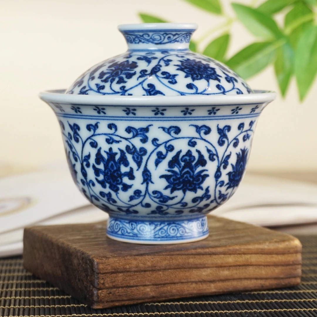 望月御品手绘柴窑仿明青花缠枝莲二才元宝盖碗纯手工釉下彩景德镇