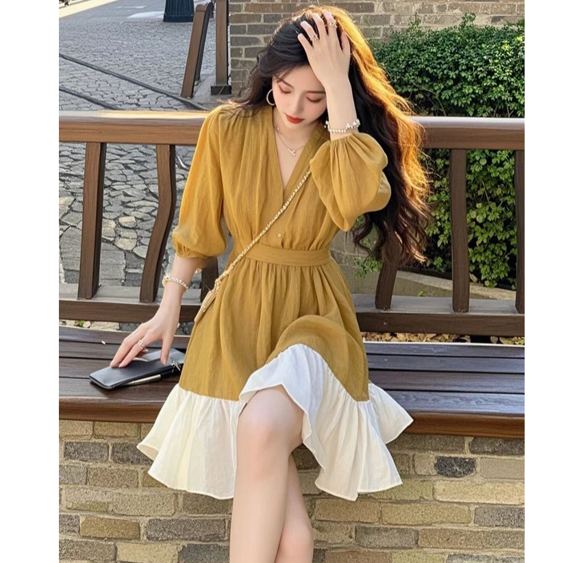 独特超好看气质千金感撞色连衣裙女装2025春夏新款法式衬衫短裙子
