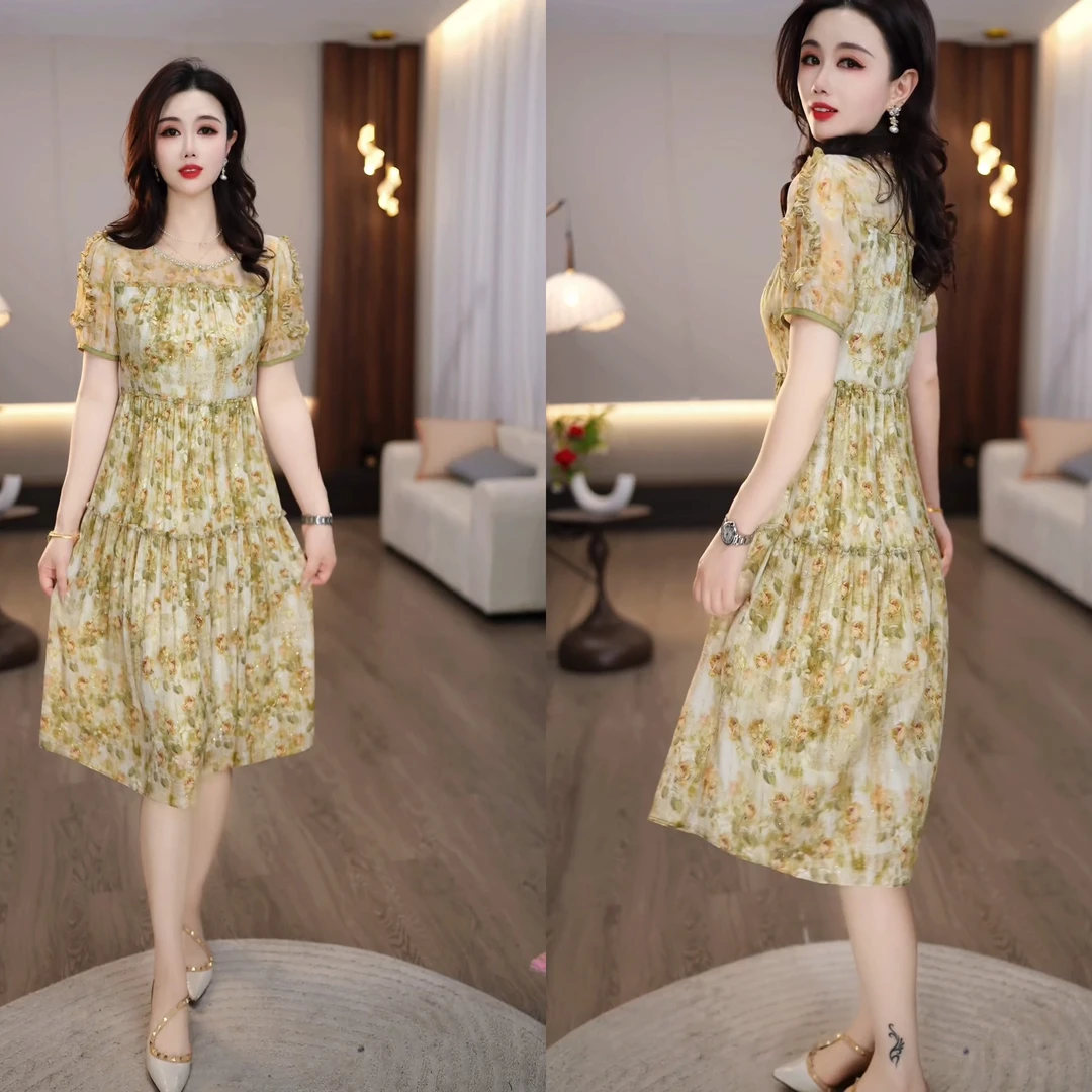 2025夏款绿色水墨晕染花卉蛋糕裙活力减龄显瘦女士连衣裙M-4XL