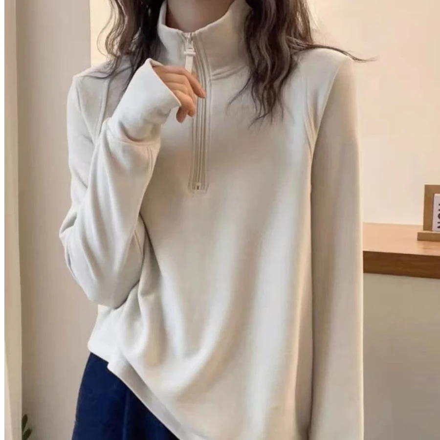 (原版正版）24秋冬时尚双面澳绒打底衫女半拉链显瘦长袖套头衫保暖