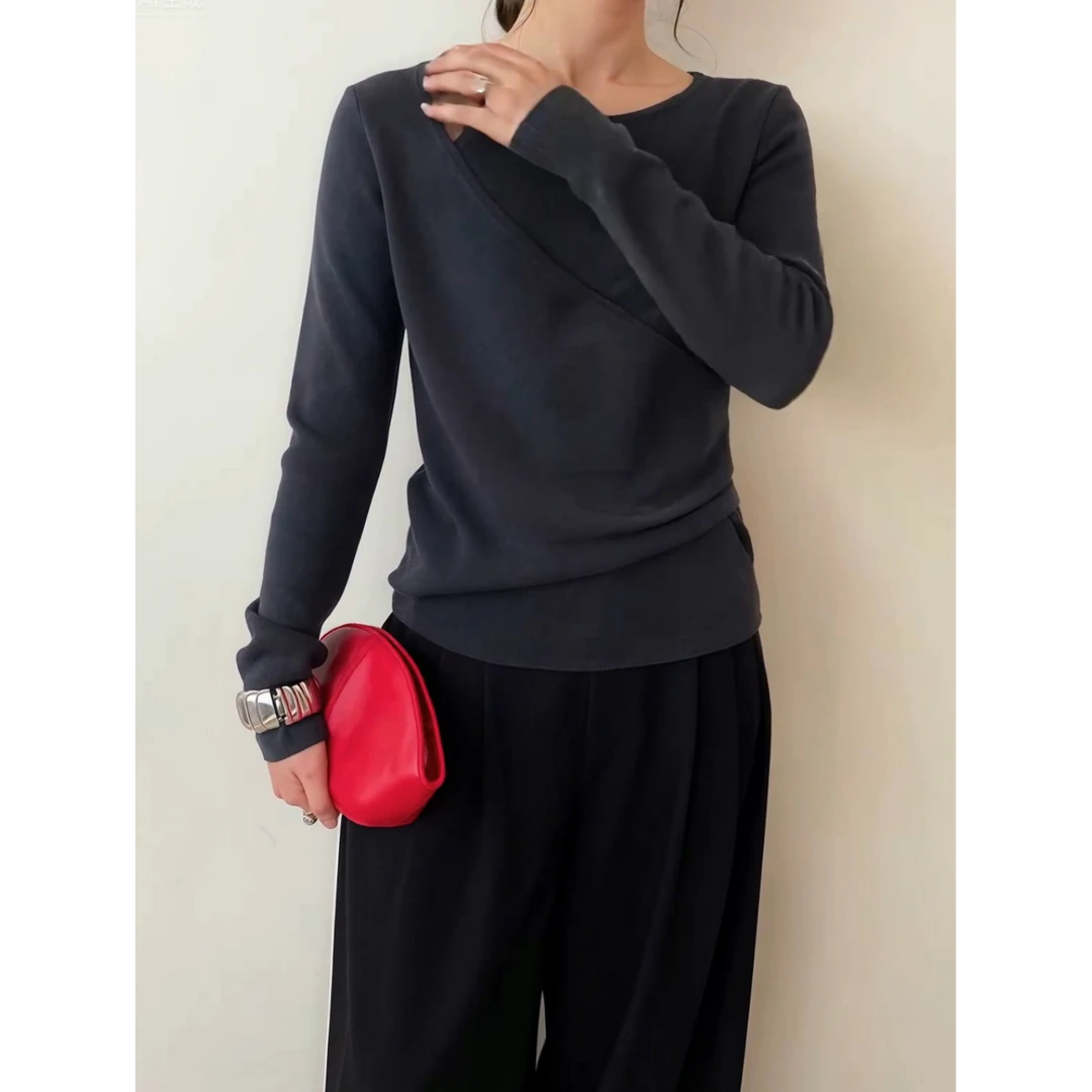 极简风露肩假两件针织衫女2025早秋新款气质修身显瘦百搭上衣打底