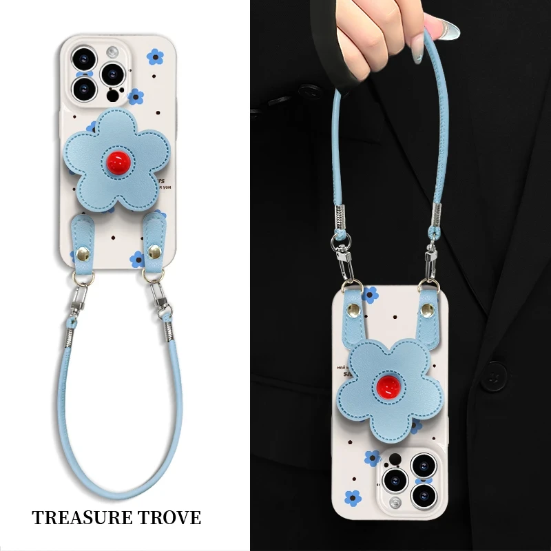 白蓝花朵适用苹果16promax手机壳菲林时尚iPhone15pro高级感全包