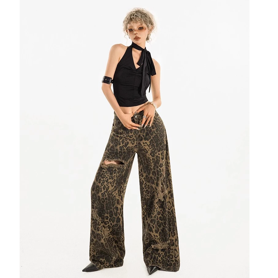 奶酷墨莉 美式牛仔裤女新款豹纹微喇休闲裤直筒垂感裤子-K24584