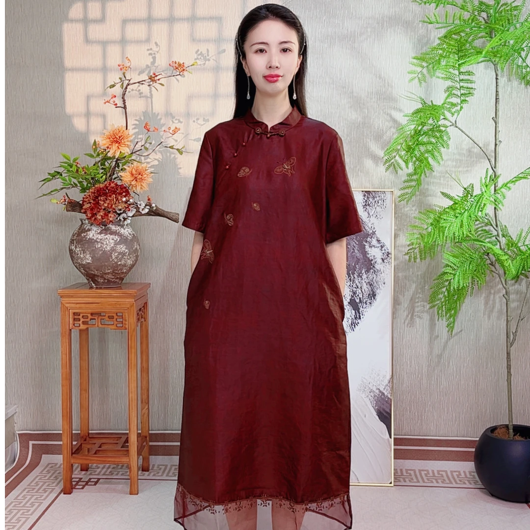 【红蝶 】新中式100%桑蚕丝香云纱圆领春夏季宽松高定连衣裙