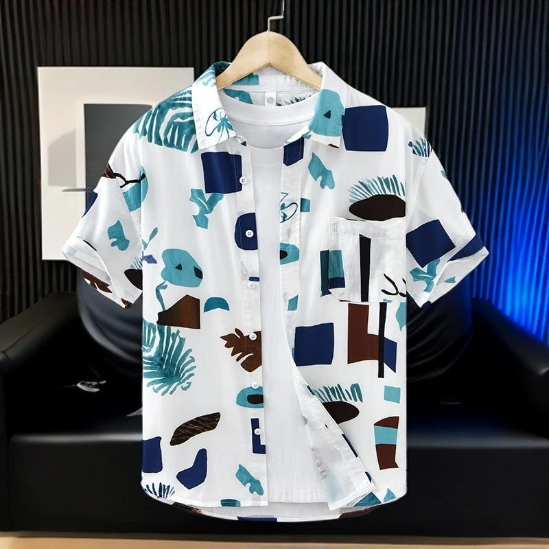 潮牌印花短袖衬衫夏季男士时尚潮流宽松百搭帅气休闲舒适透气衬衣