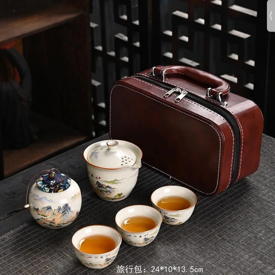 【沉鱼】千里江山车载旅行茶具手抓壶茶叶罐高档户外-B01051
