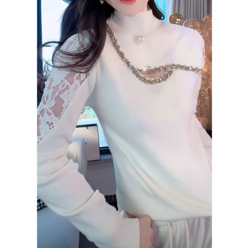 设计款蕾丝拼接烫钻针织衫女2025冬季新款时尚气质显瘦半高领内搭