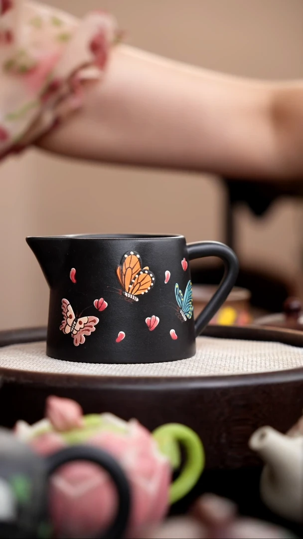 茶壶紫砂黑色蝴蝶公道杯