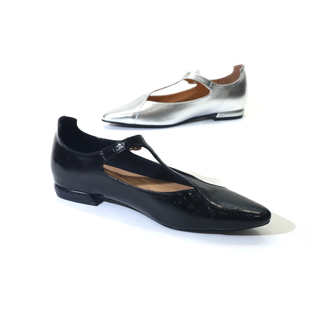 牛皮尖头气质高定级T扣玛丽珍时尚法式复古银色真皮单鞋ZY1135-1