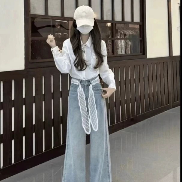 【现货+运费险】2025早秋新款冰川蓝韩版高腰阔腿直筒牛仔裤女百搭