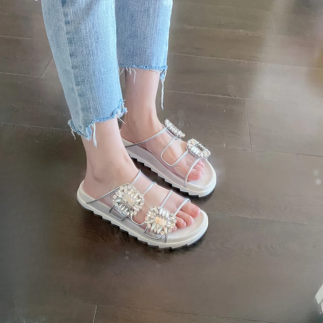 仙女方钻拖鞋水钻拖鞋双带厚底夏季白搭休闲拖罗马沙滩凉鞋
