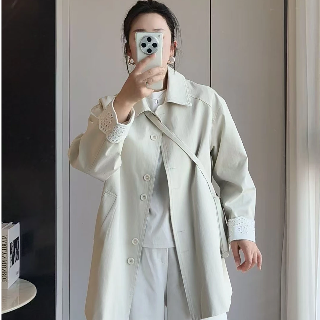 126时尚百搭25春空翻边袖腰间调节扣韩版休闲POLO领风衣女外套