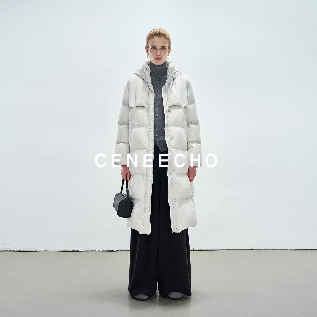 CENEECHO【SUSU系列】标准90白鸭绒长款拉链羽绒服女连帽外套N008