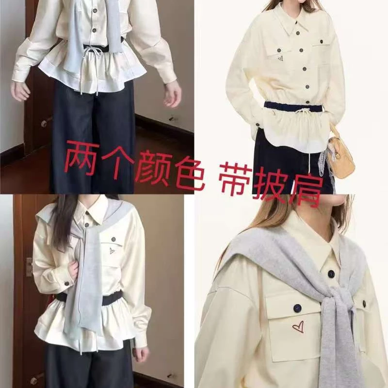 【小熊出没】拼接衬衫松紧系带收腰外套上衣早春新款长袖休闲小衫