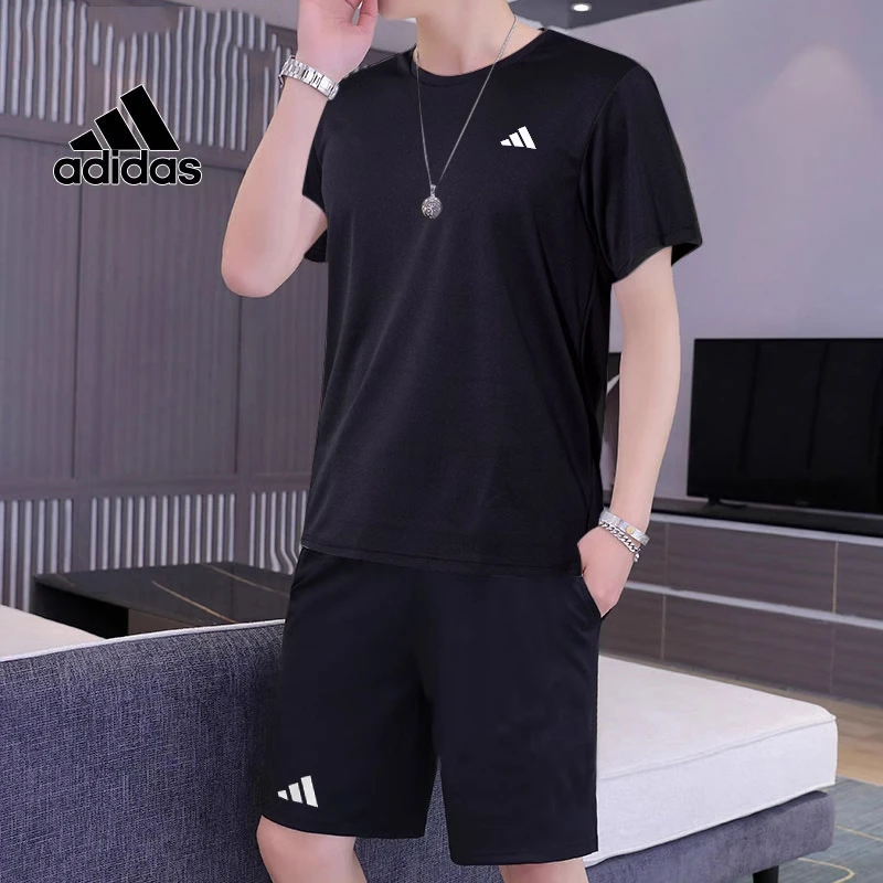 阿迪达斯运动套装男士健身训练黑色短袖短裤两件套宽松T恤五分裤