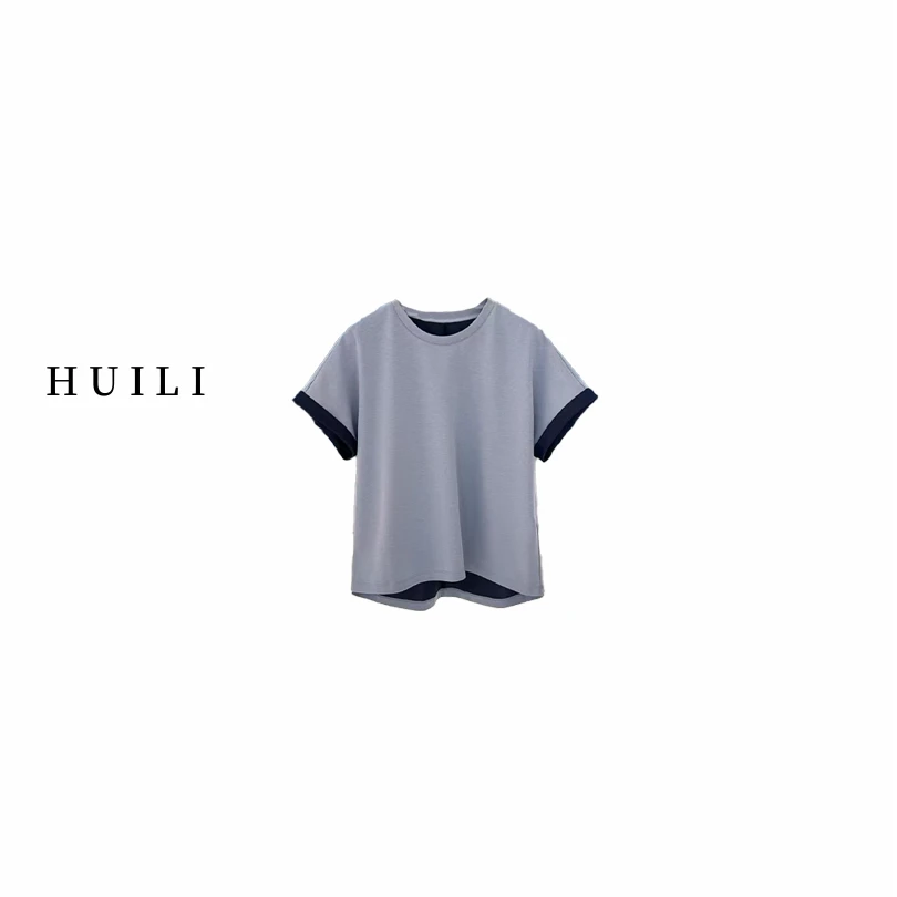 慧丽【清凉纸片人】宽松休闲百搭简约卷边撞色圆领短袖T恤 52680