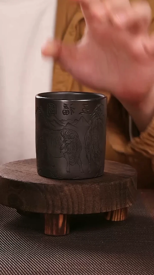 茶杯紫砂五福图紫砂纯手工刻绘主人杯180cc