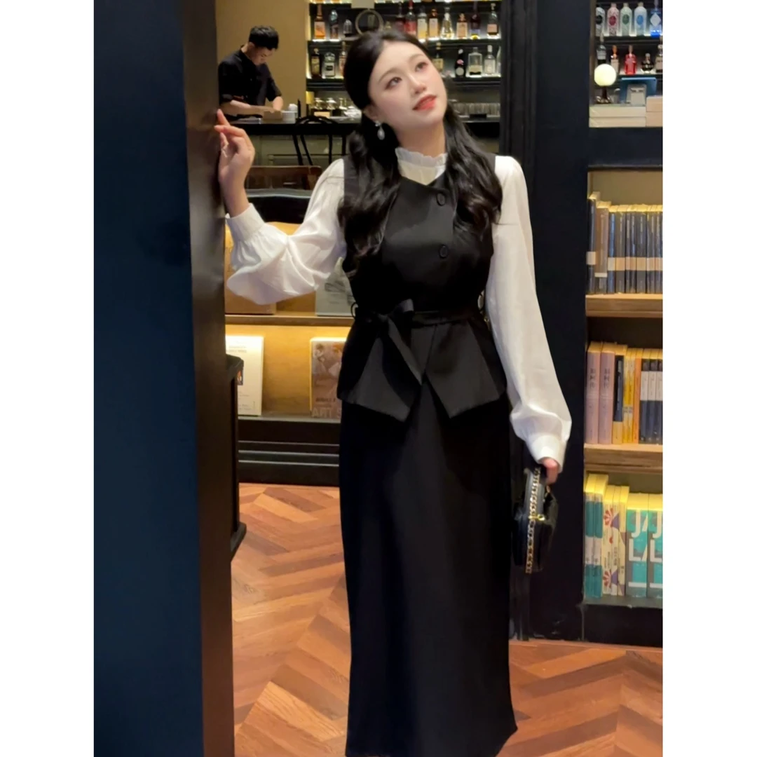 【尼河日照】秋季大码显瘦法式时尚洋气时髦马甲衬衫半裙腰带四件套