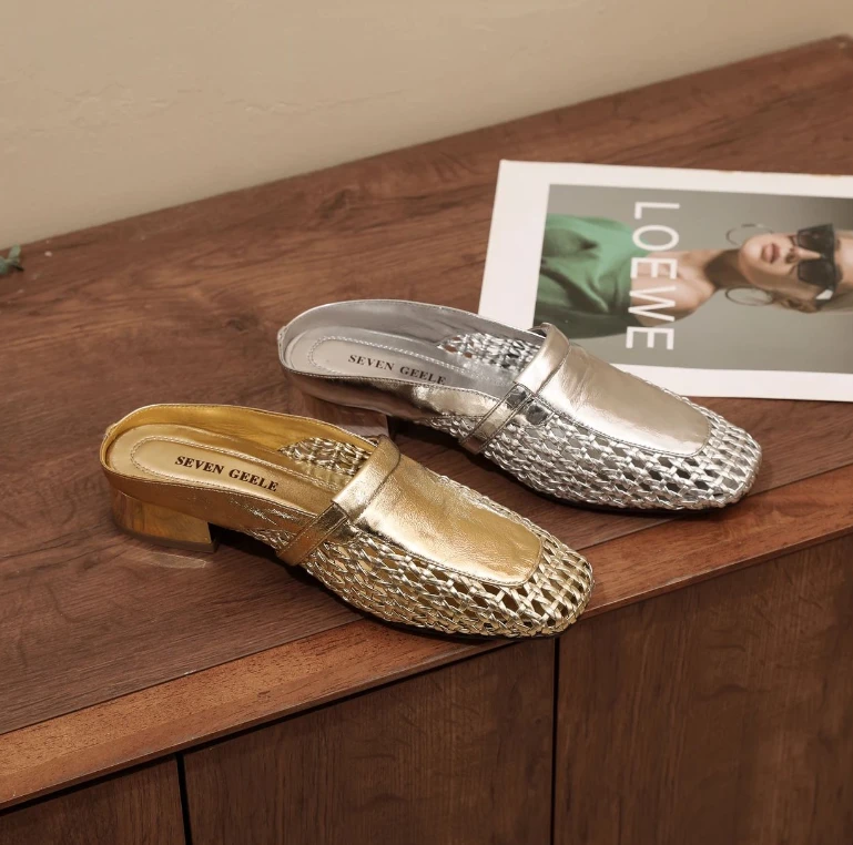 羊皮断码清仓真皮编织镂空半拖凉鞋女低跟2025夏新款百搭外穿拖鞋