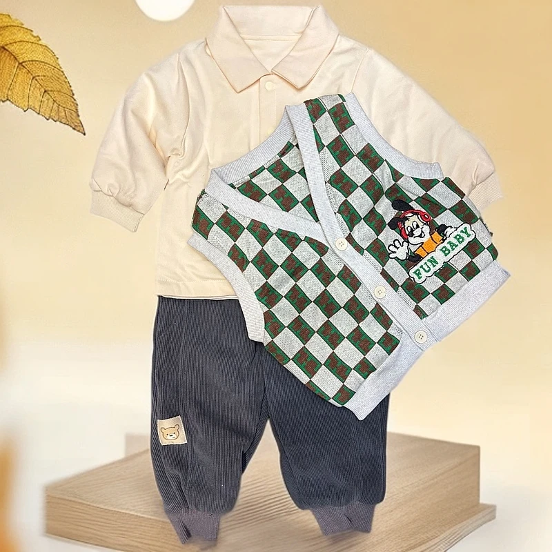 薄棉三件套时尚百搭洋气休闲格子韩版针织