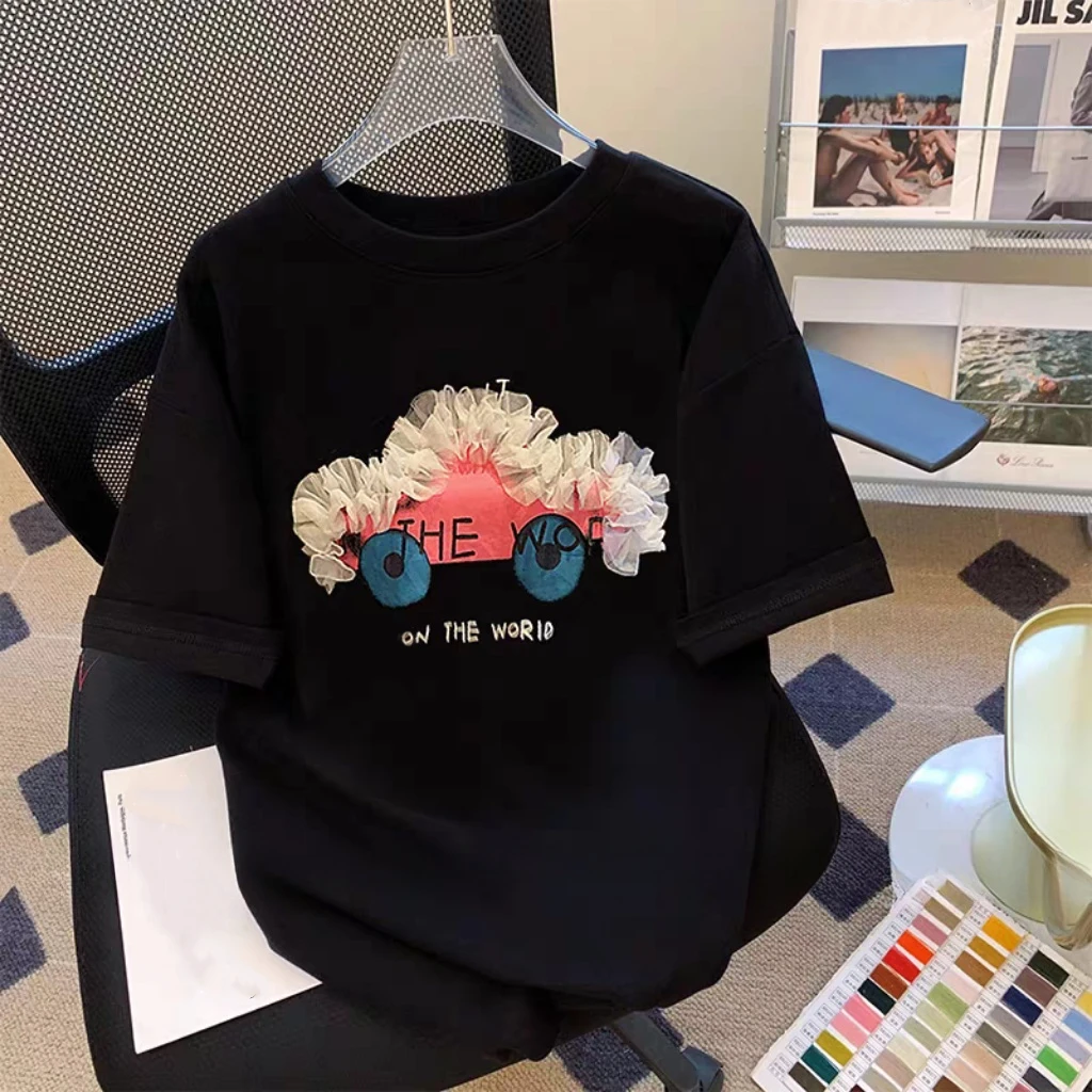 女童夏季新款纯棉洋气蕾丝卡通印花短袖T恤儿童宽松百搭半袖上衣