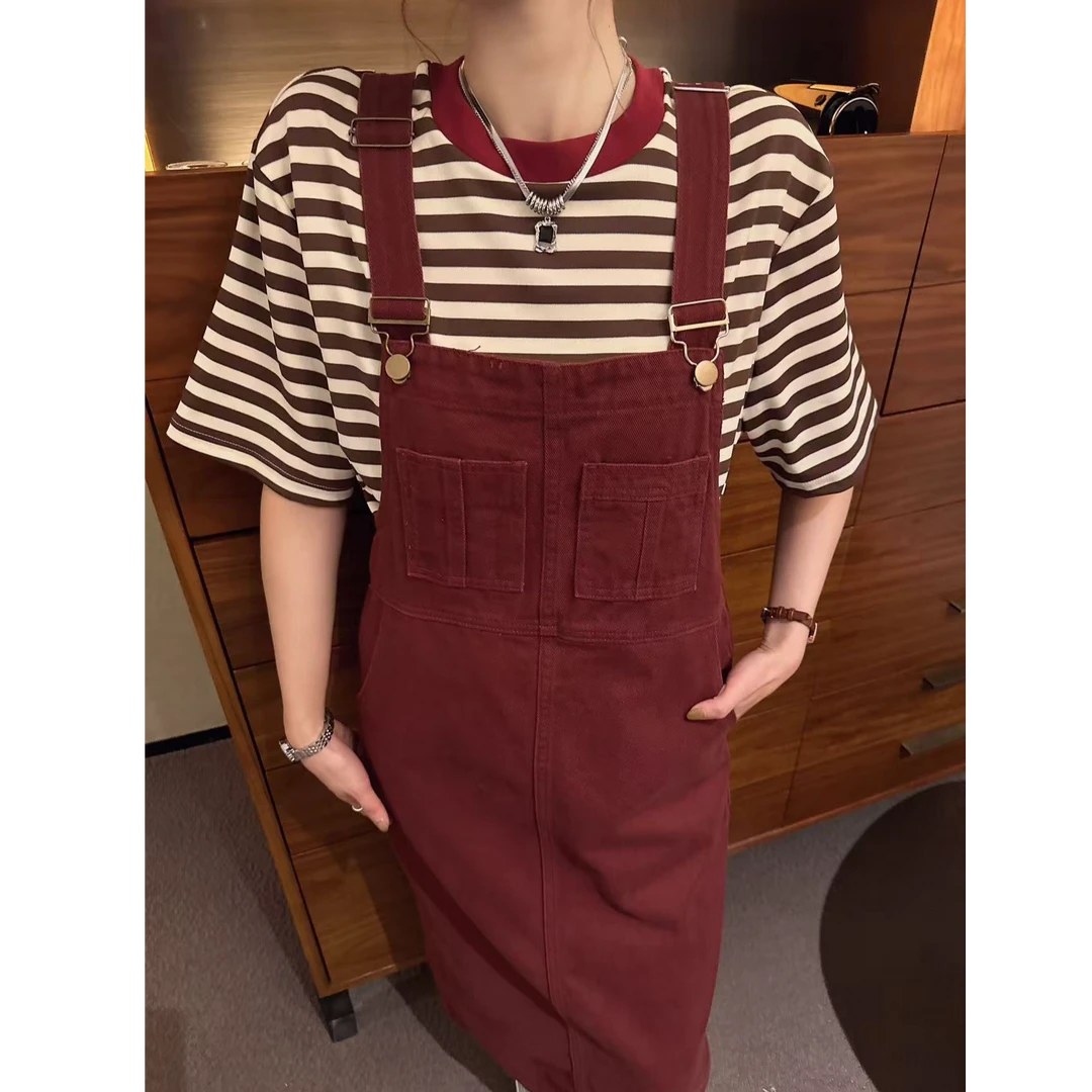 港风复古牛仔背带裙女红条纹短袖上衣气质显瘦韩版宽松高腰时尚