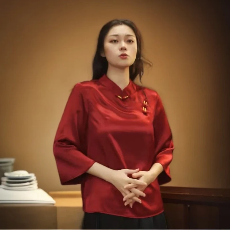 新中式显瘦显气质慵懒风传统盘扣丝滑醋酸早秋中袖上衣2025款正品
