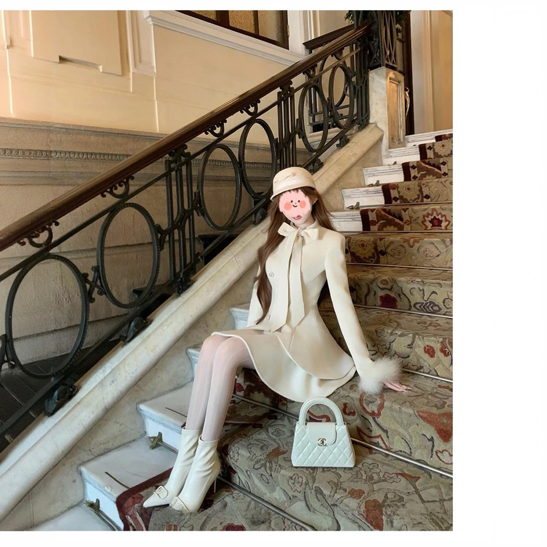 "北国雪夜"法式秋冬优雅气质修身剪裁显瘦白色毛呢外套