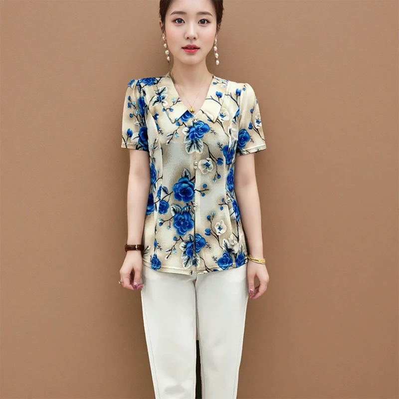 休闲妈妈装夏季短袖t恤上衣显瘦高弹力夏装薄款中老年女装遮肚子