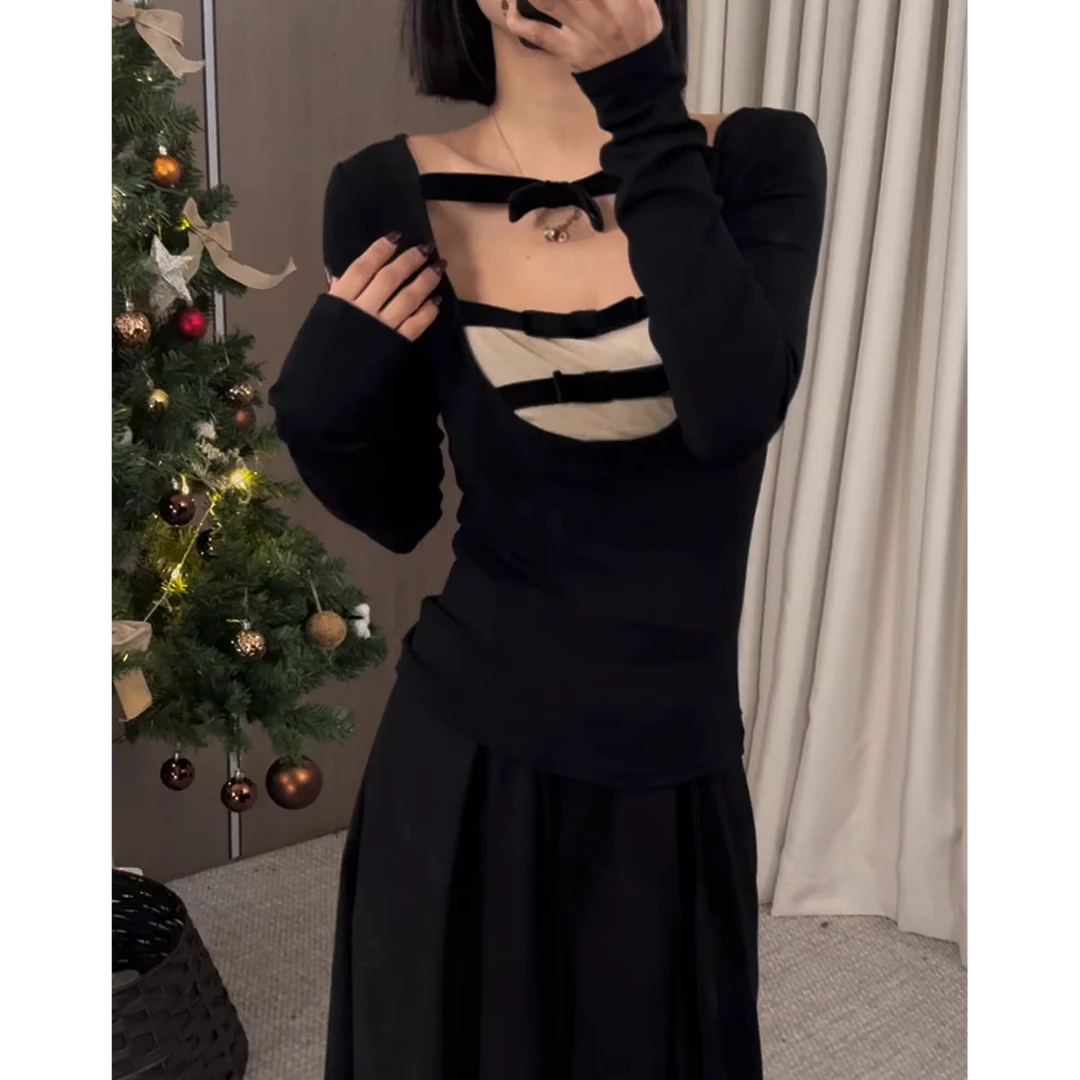 【ZZ严选】7168甜辣妹镂空蝴蝶结露背长袖上衣女独特小众外穿T恤