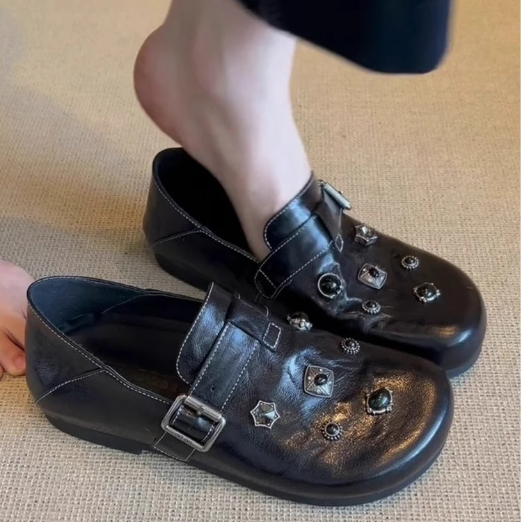 羊皮~复古一脚蹬扣饰勃肯鞋女款2025春秋平底博肯鞋全包软底单鞋