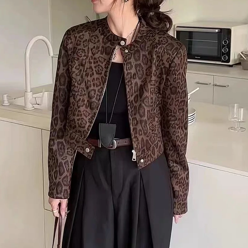 929款复古高级感豹纹立领拉链短外套新款时尚小个子夹克上衣