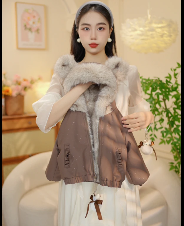 秋冬新款儿童加绒加厚女童可爱风毛毛外套XY25168