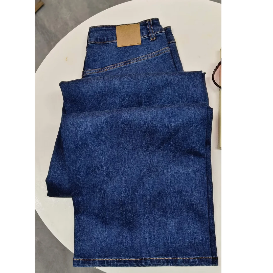 禾家孔雀蓝压条高腰弹力百搭直筒牛仔裤