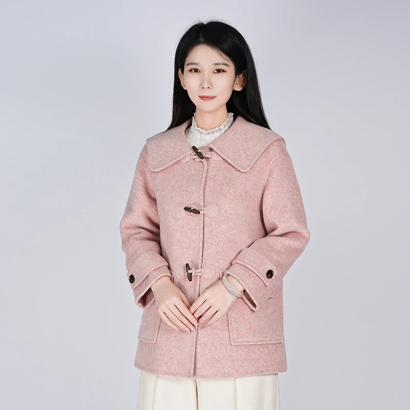 浒城古娘复古优雅海军领学院风羊毛双面呢短款大衣外套WH05007791