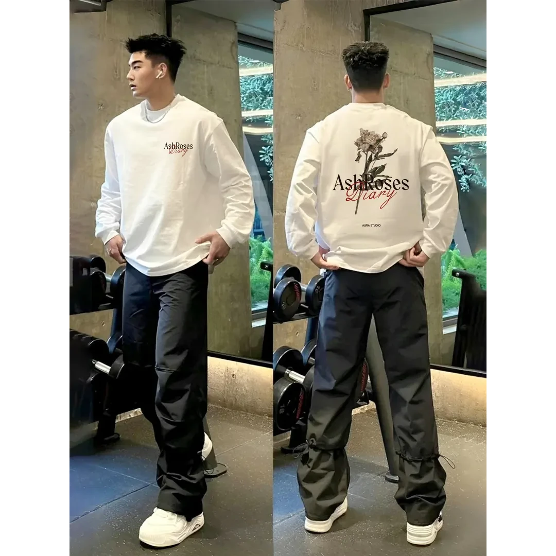 【重磅纯棉】原创高级感长袖T恤男休闲宽松圆领秋季印花潮牌打底衫