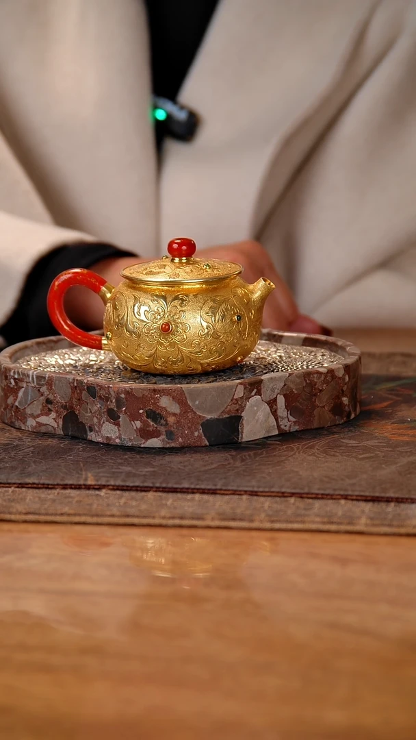 盛唐工坊 足银999 手工泡茶壶繁花镀金