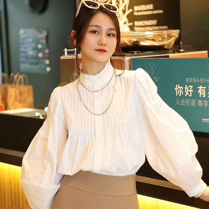 哥弟阿玛施正2025春秋装新款灯笼袖褶皱立领白色长袖衬衫女上衣
