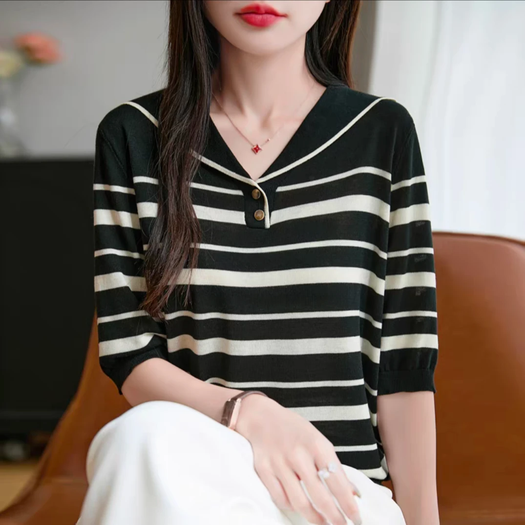 海军领~法式条纹冰丝~气质百搭减龄T恤！