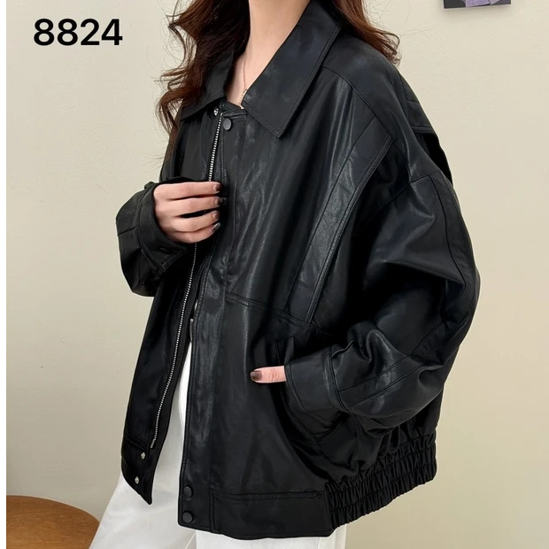 【摩姐姐欧韩】8824春款翻领拉链开衫皮衣外套