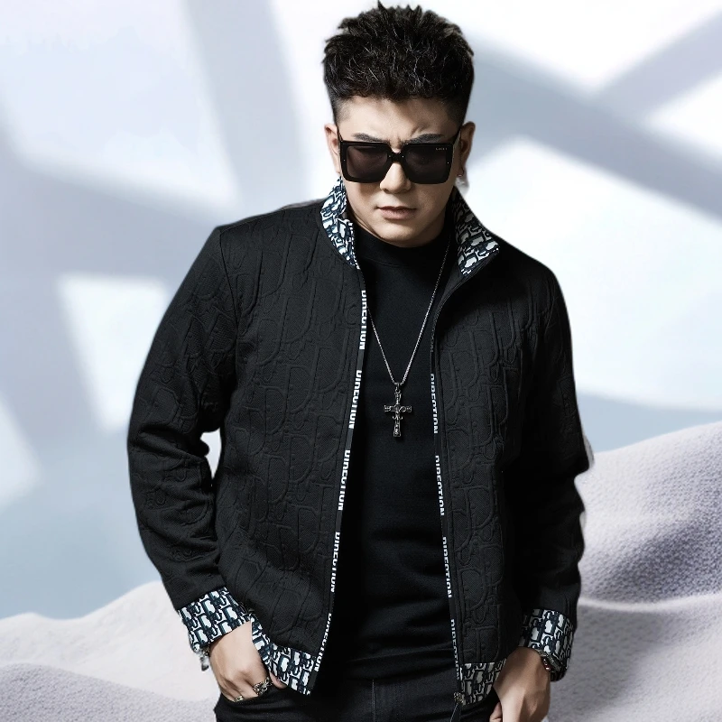 宾斯洛特时尚潮牌提花拼接立领外套男士秋冬季新款修身夹克上衣潮