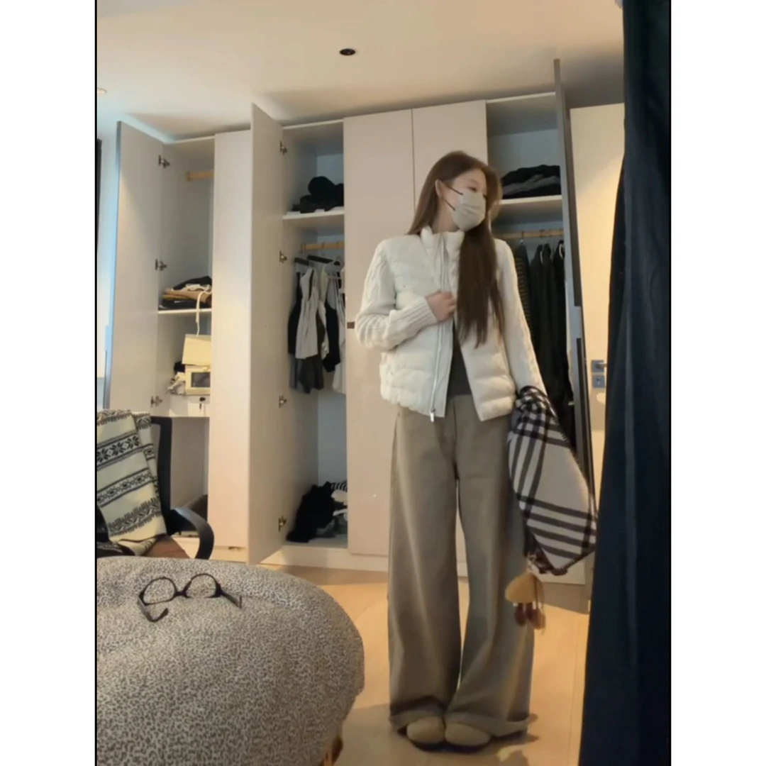 冬季修身保暖韩版小个子短款米白色棉服阔腿裤套装女2025新款套装