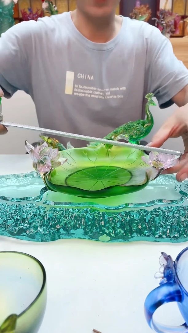 手工艺品琉璃绿色荷花果盘23公分