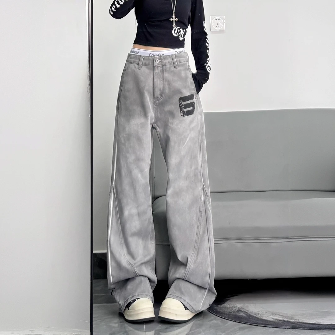 美式灰色高腰微喇牛仔裤裤子女款冬季新款宽松休闲加长版喇叭裤潮