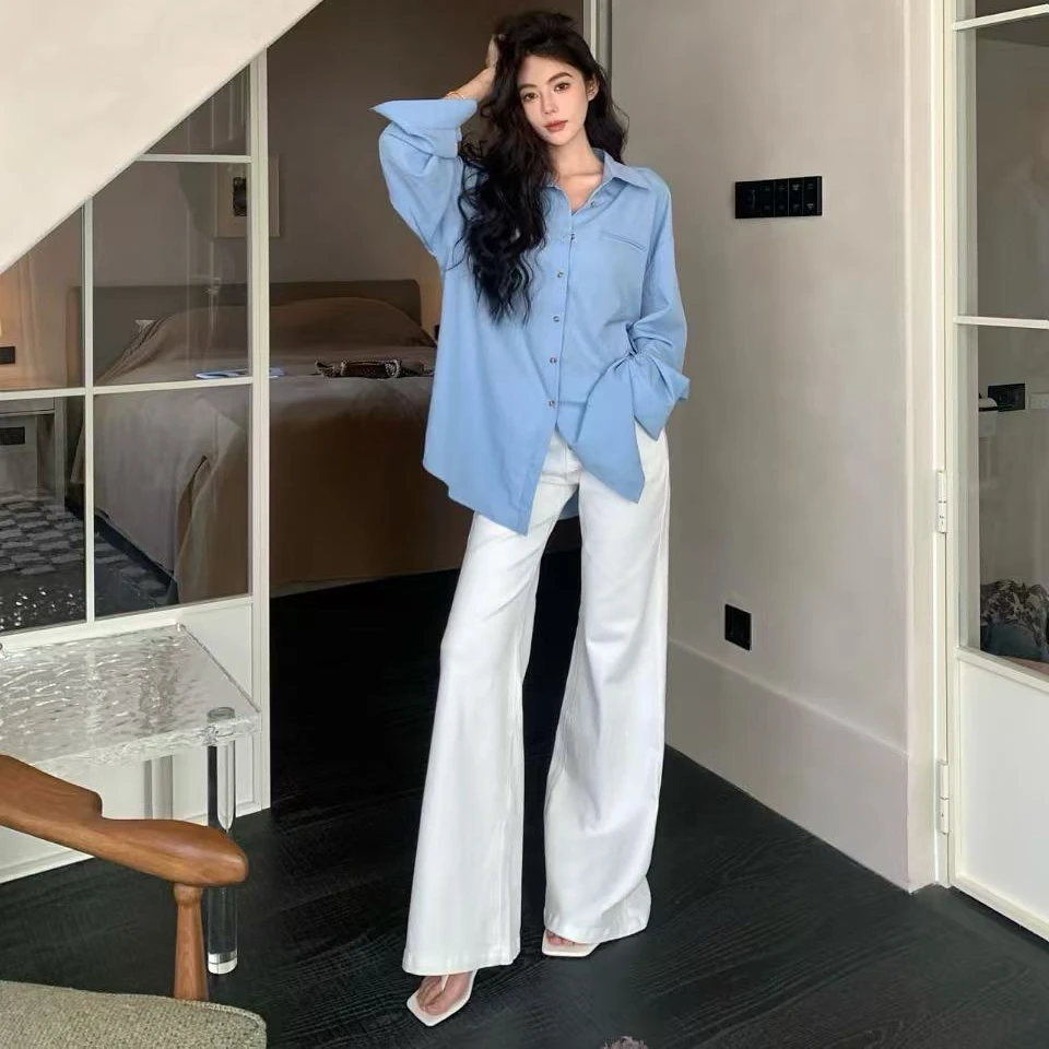 慵懒宽松衬衫开衫简约气质小众上衣女配时尚显瘦高腰休闲裤两件套