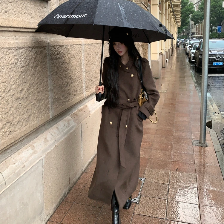 复古长款咖色毛呢外套女2025新款收腰英伦风衣显瘦斗篷呢子大衣