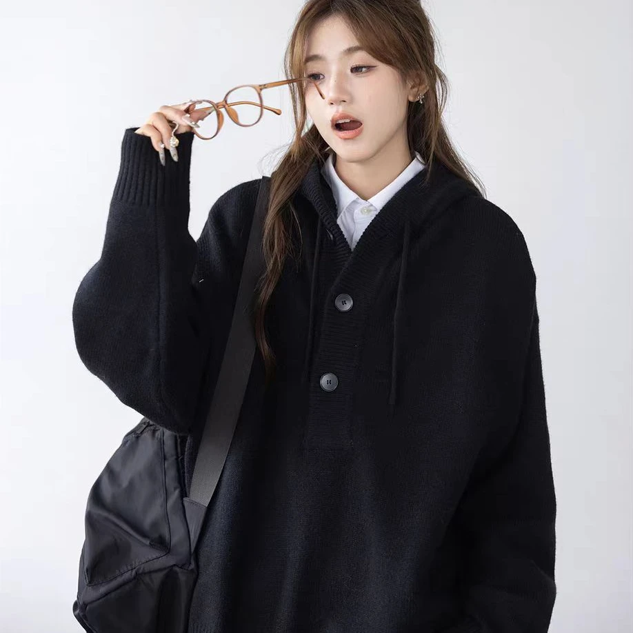 秋冬季加厚毛衣男慵懒风连帽针织衫宽松美式潮流休闲百搭情侣外套